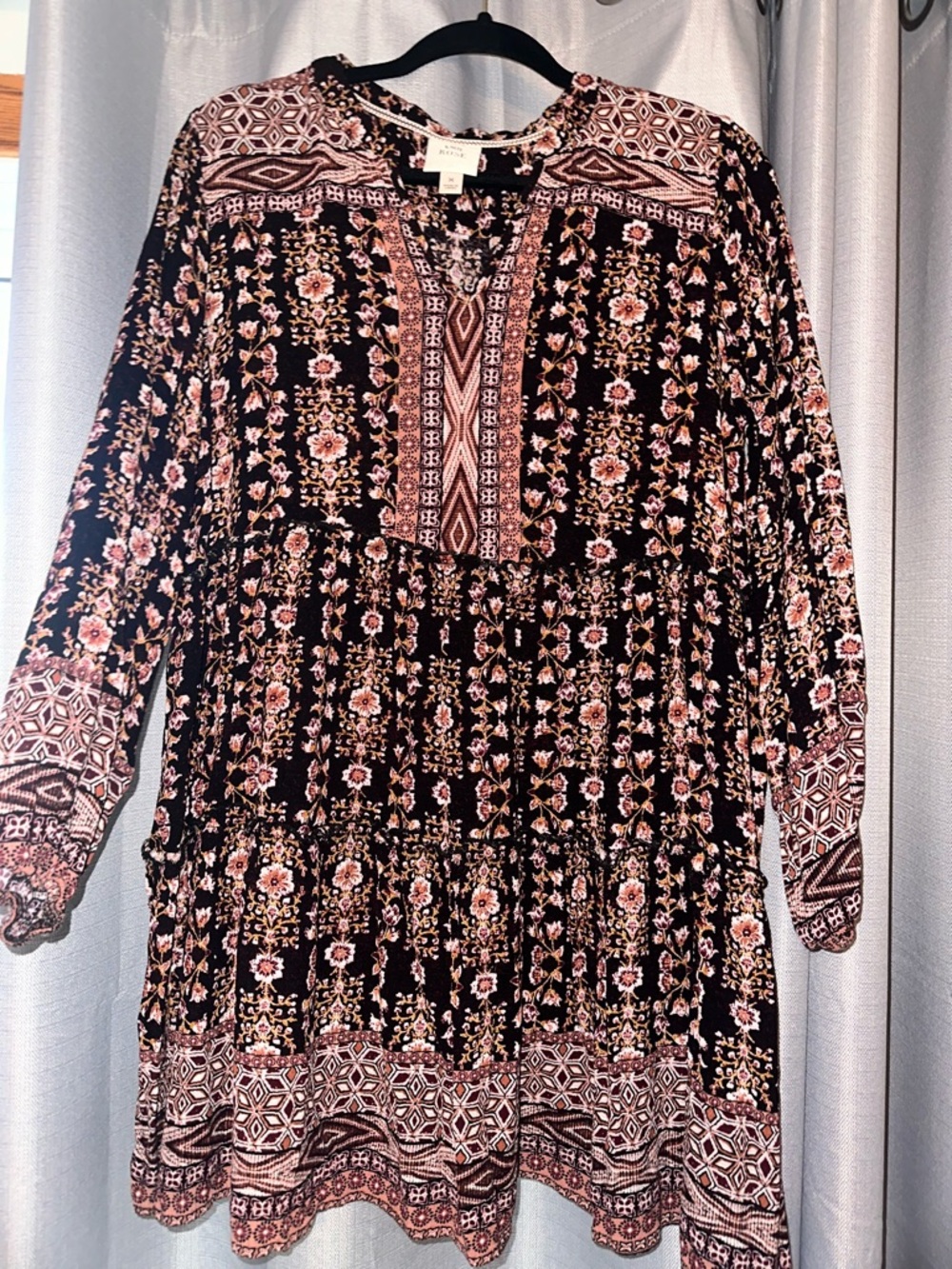 Wild Rose Black Floral Long-Sleeve Tiered Mini Dress